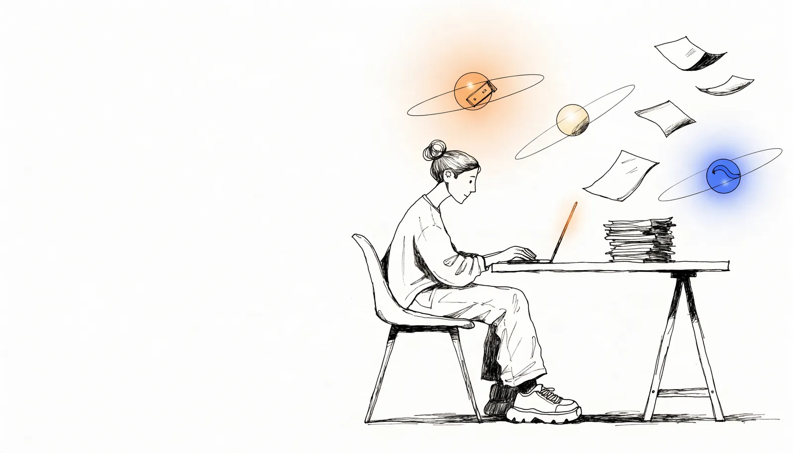 Un solopreneur travaille pendant que ses agents IA s'occupent des tâches autour de lui.